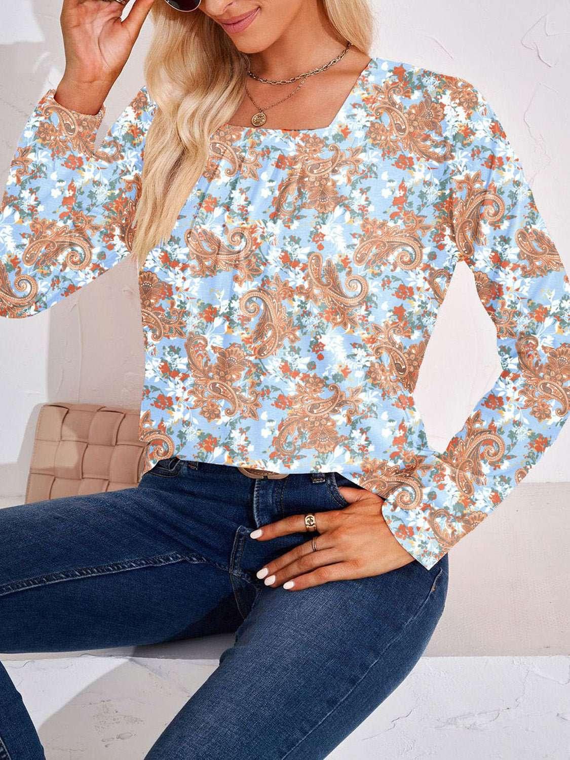 Full Size Square Neck Long Sleeve Blouse - VILLA FASHION