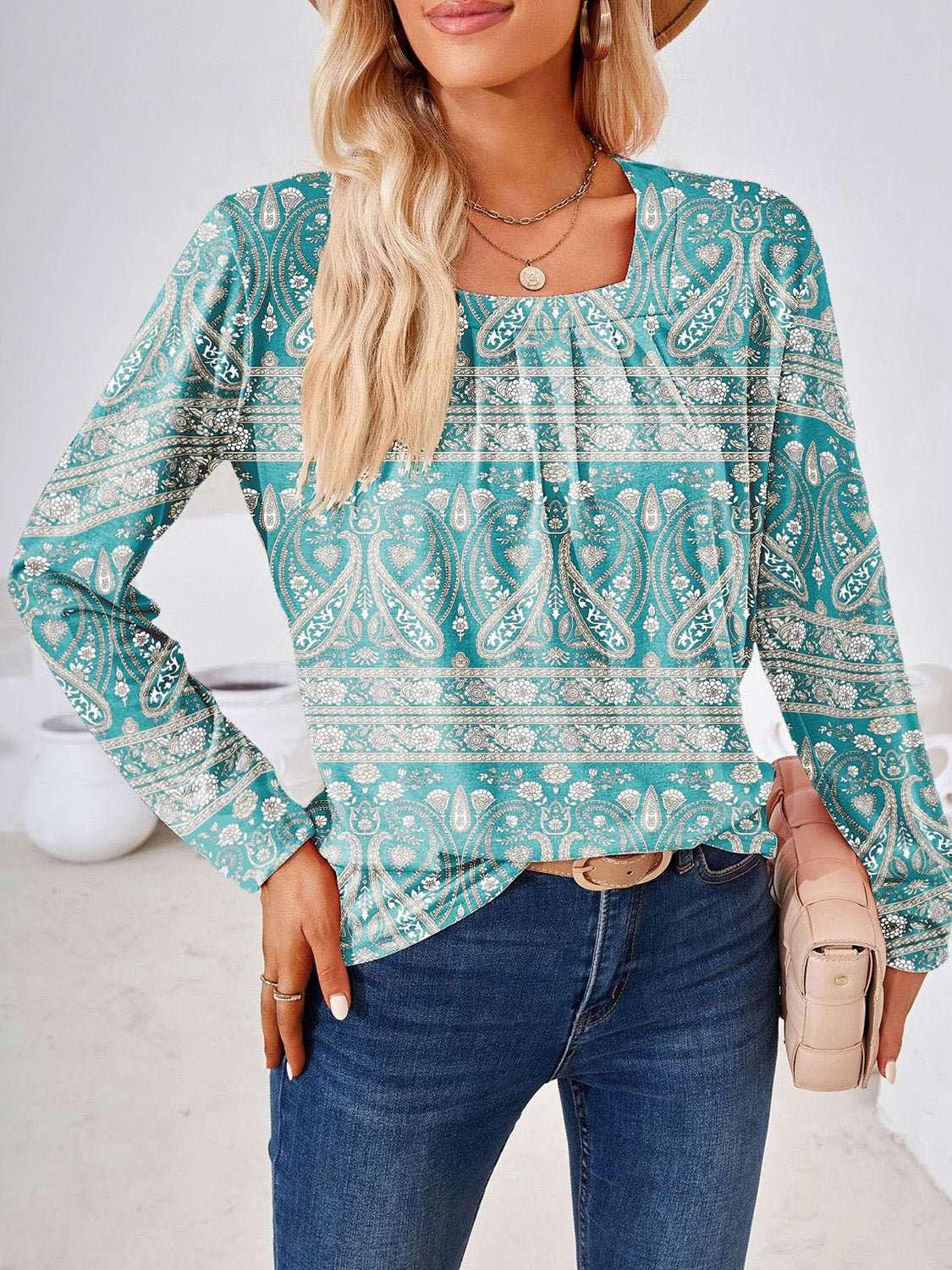 Full Size Square Neck Long Sleeve Blouse - VILLA FASHION