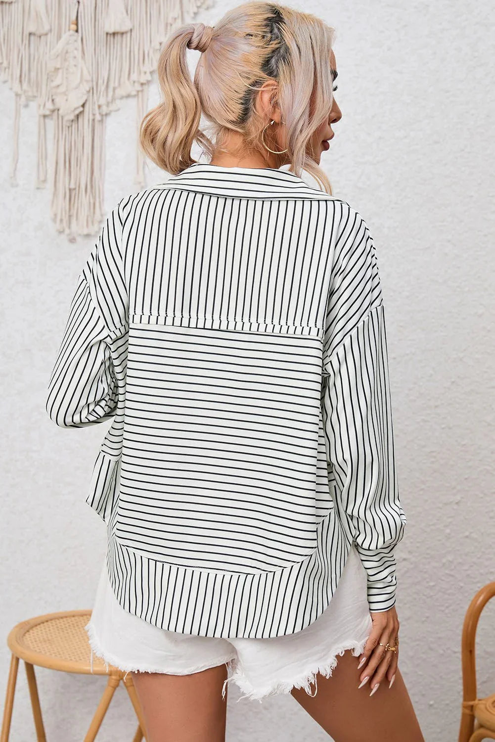 Full Size Striped Collared Top - VILLA FASHION