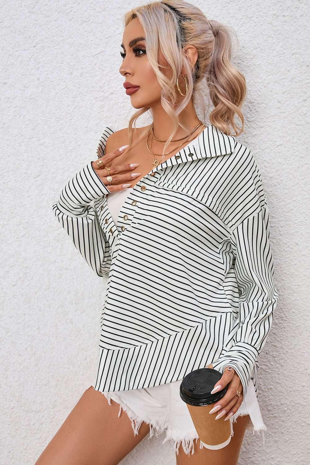 Full Size Striped Collared Top - VILLA FASHION