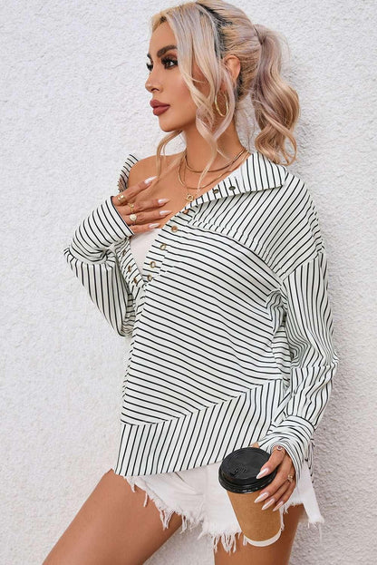Full Size Striped Collared Top - VILLA FASHION