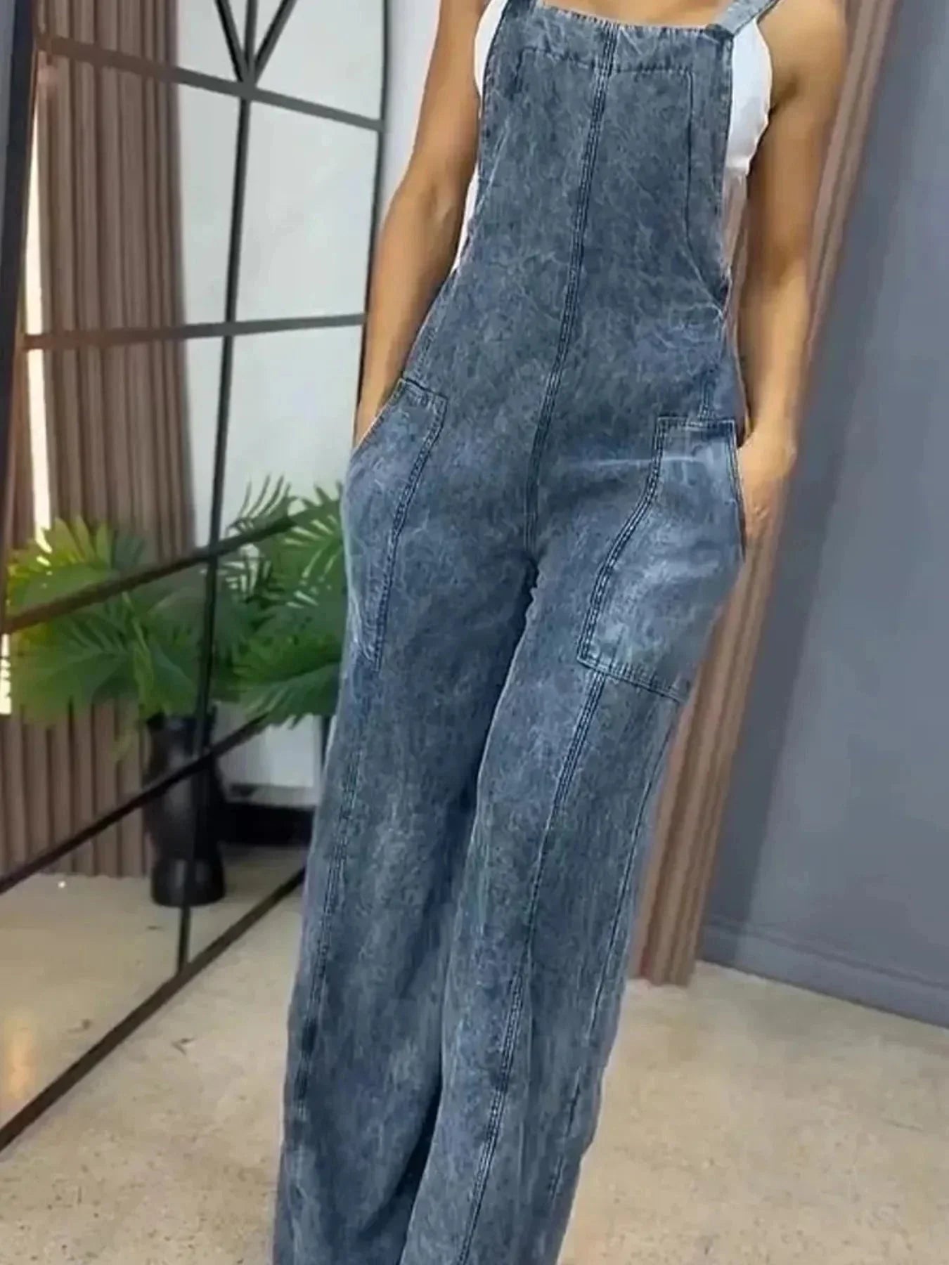 Full Size Wide Leg Washed Denim Overalls Plus Size - VILLA FASHION