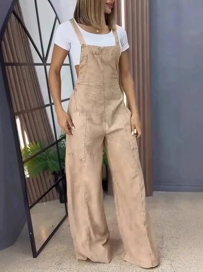 Full Size Wide Leg Washed Denim Overalls Plus Size - VILLA FASHION