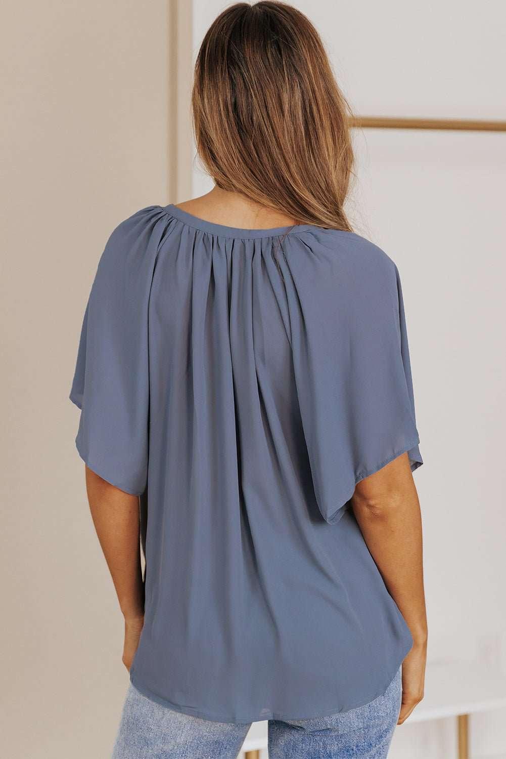 Gathered Detail Notched Neck Flutter Sleeve Top - VILLA FASHION