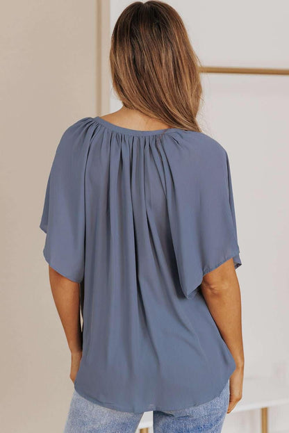 Gathered Detail Notched Neck Flutter Sleeve Top - VILLA FASHION