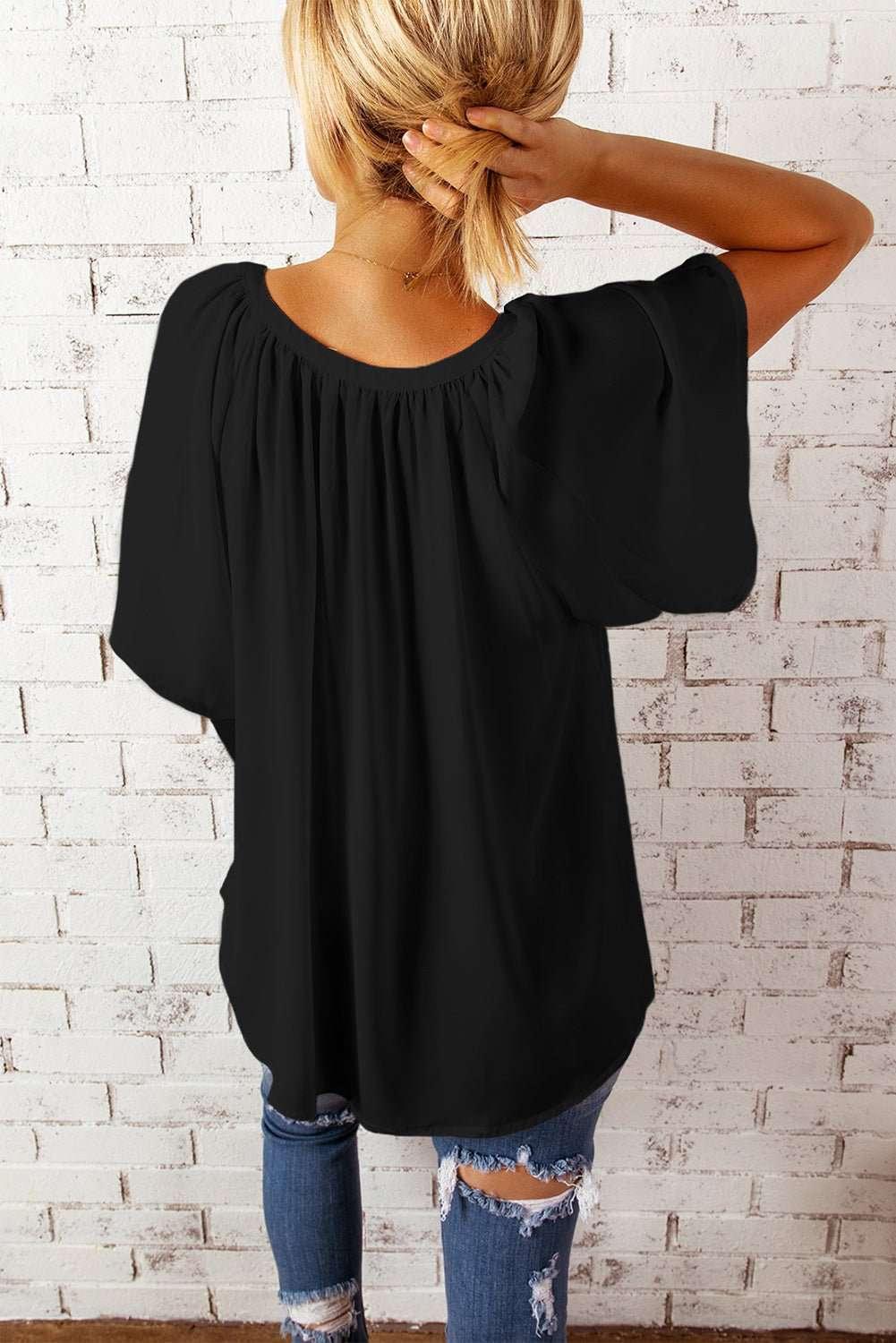 Gathered Detail Notched Neck Flutter Sleeve Top - VILLA FASHION