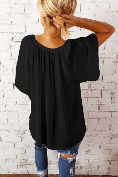 Gathered Detail Notched Neck Flutter Sleeve Top - VILLA FASHION