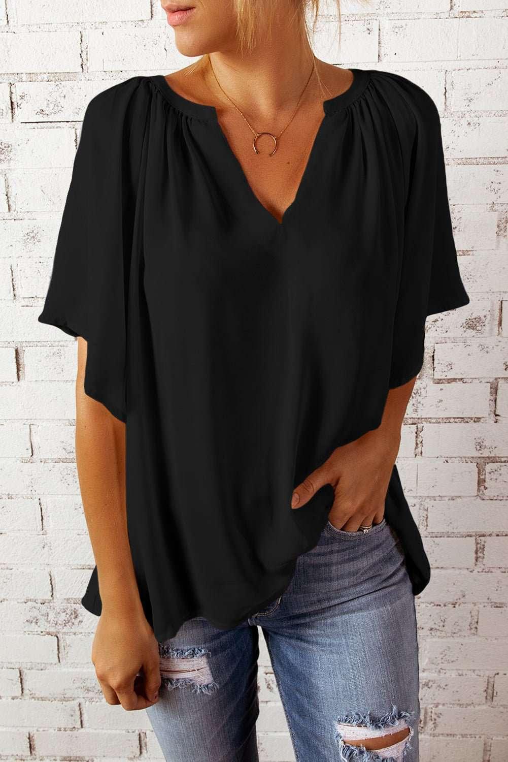 Gathered Detail Notched Neck Flutter Sleeve Top - VILLA FASHION