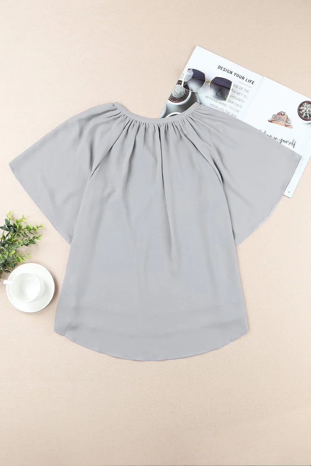 Gathered Detail Notched Neck Flutter Sleeve Top - VILLA FASHION