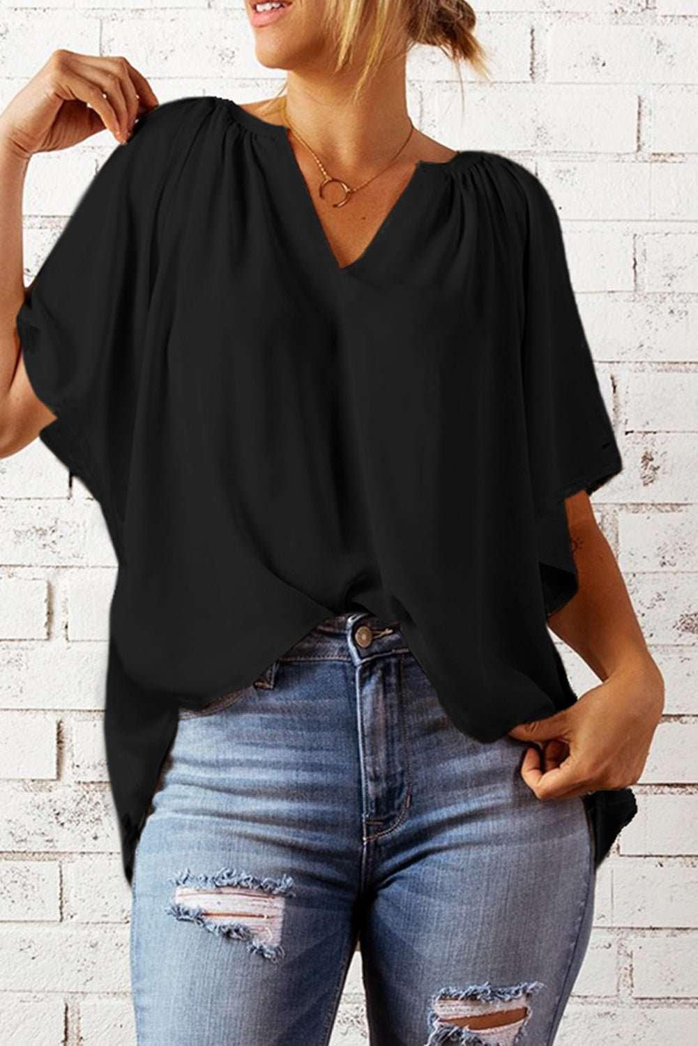 Gathered Detail Notched Neck Flutter Sleeve Top - VILLA FASHION