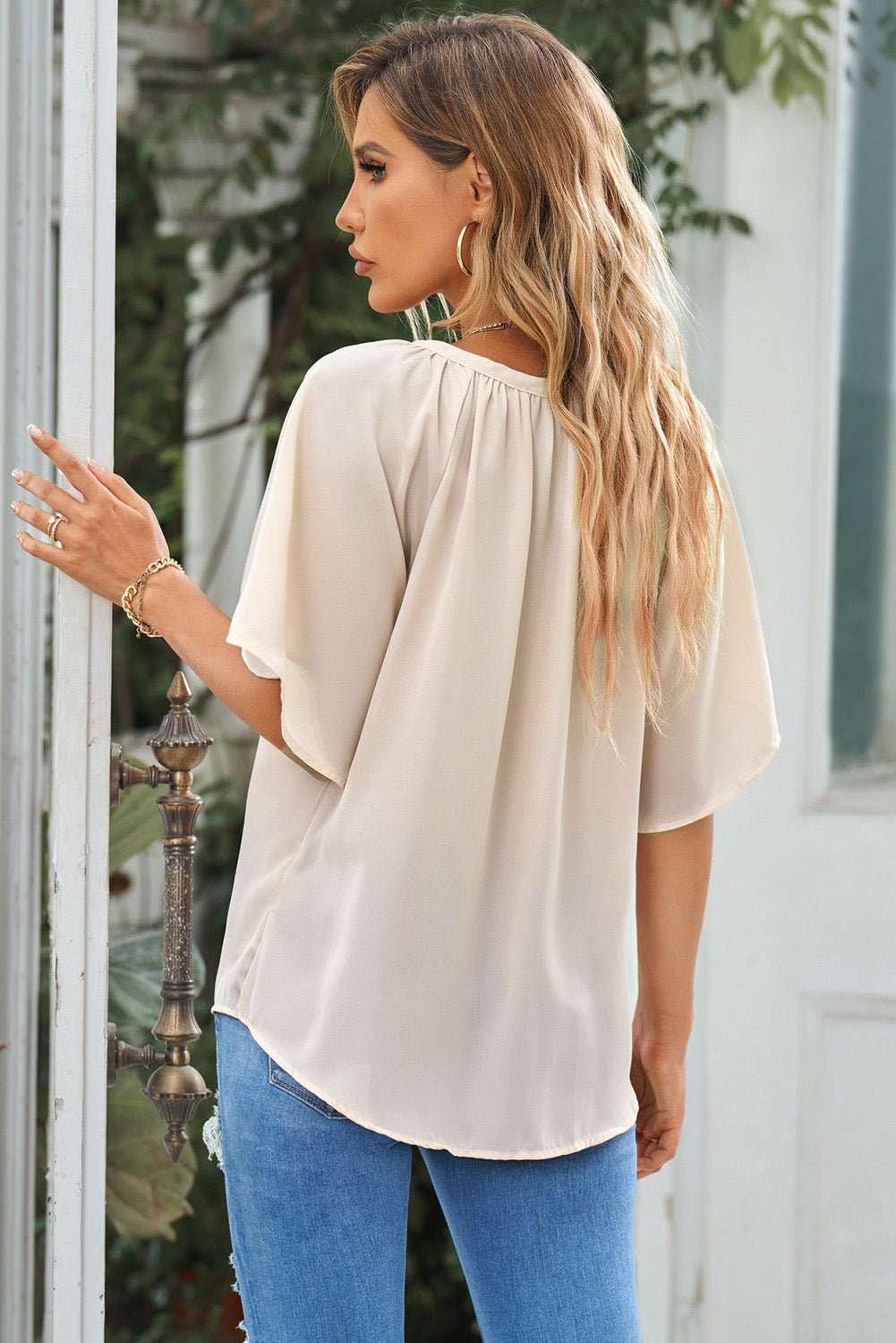 Gathered Detail Notched Neck Flutter Sleeve Top - VILLA FASHION