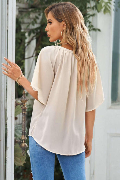 Gathered Detail Notched Neck Flutter Sleeve Top - VILLA FASHION