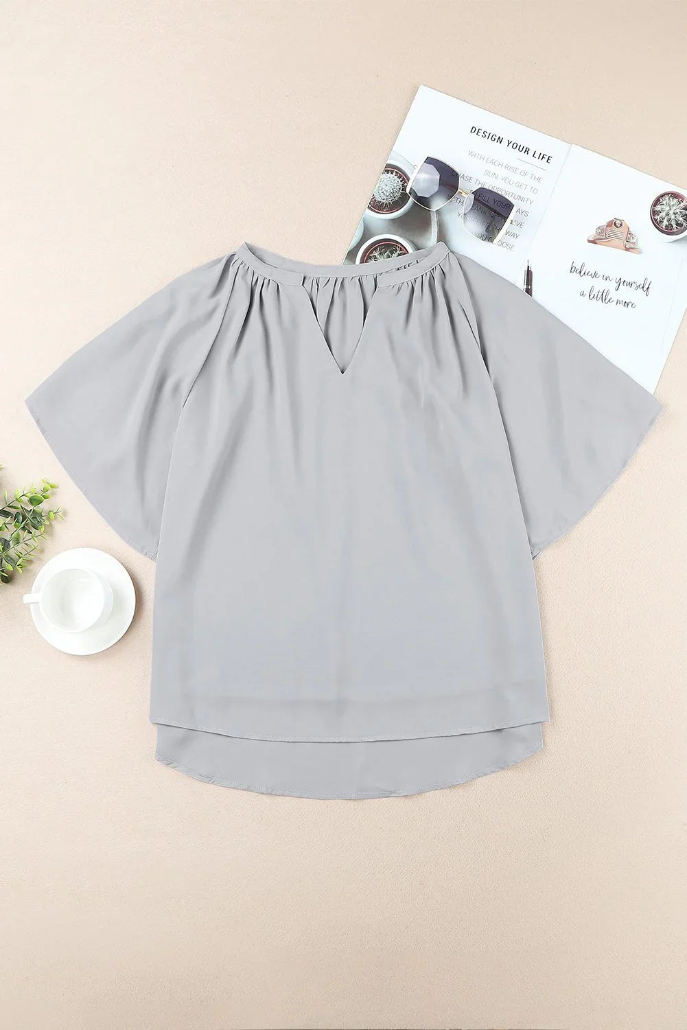 Gathered Detail Notched Neck Flutter Sleeve Top - VILLA FASHION