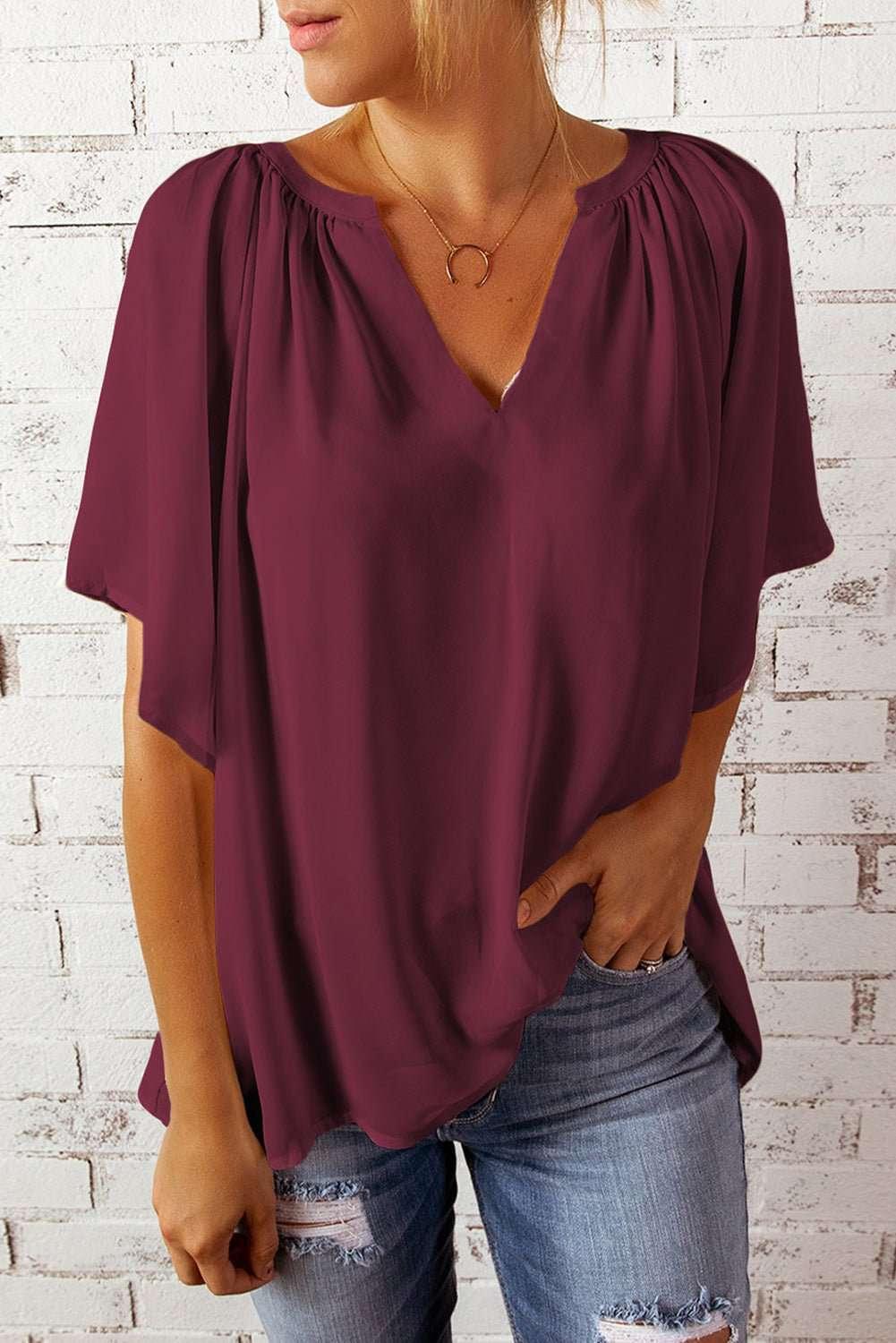 Gathered Detail Notched Neck Flutter Sleeve Top - VILLA FASHION