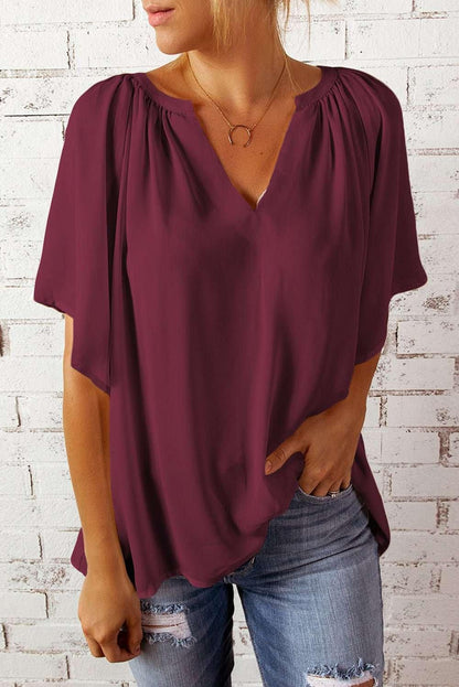 Gathered Detail Notched Neck Flutter Sleeve Top - VILLA FASHION