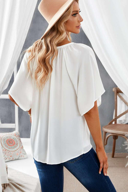 Gathered Detail Notched Neck Flutter Sleeve Top - VILLA FASHION
