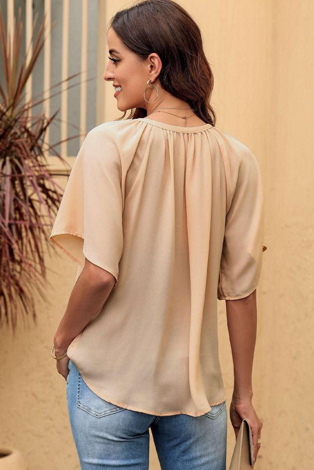Gathered Detail Notched Neck Flutter Sleeve Top - VILLA FASHION