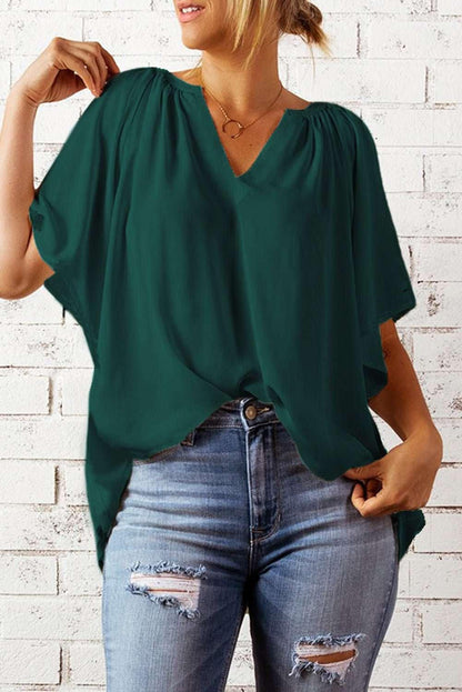 Gathered Detail Notched Neck Flutter Sleeve Top - VILLA FASHION