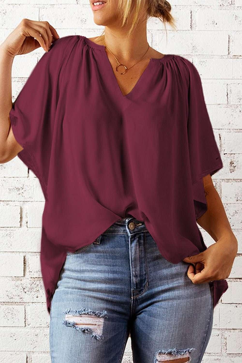 Gathered Detail Notched Neck Flutter Sleeve Top - VILLA FASHION