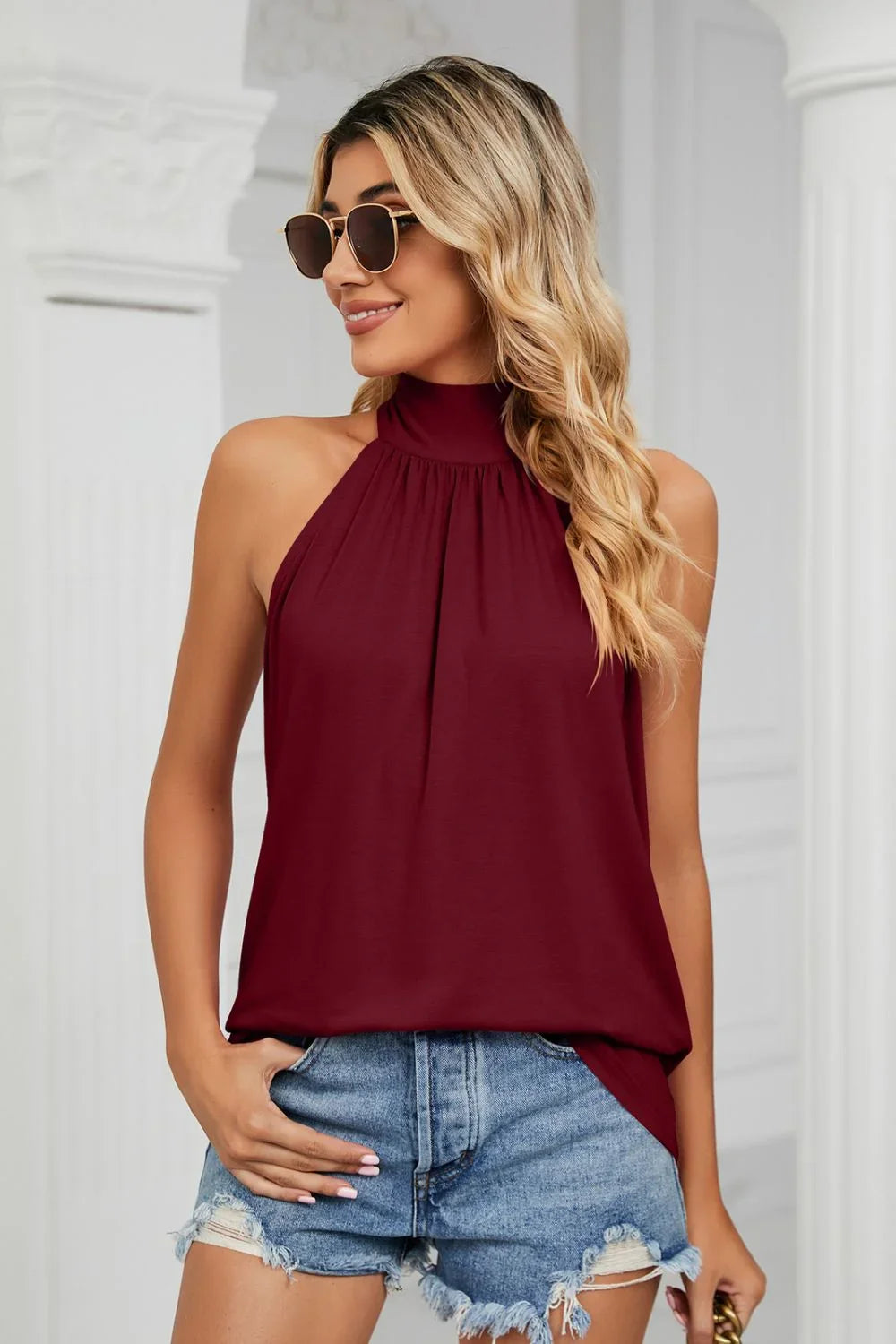 Gathered Detail Tied Sleeveless Top - VILLA FASHION