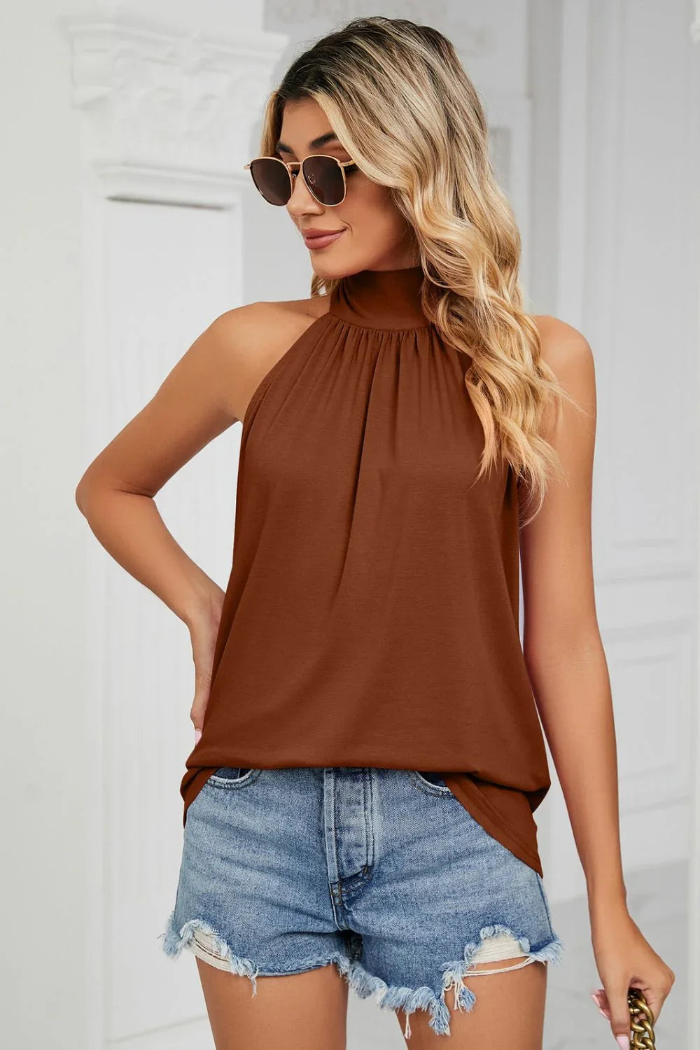 Gathered Detail Tied Sleeveless Top - VILLA FASHION