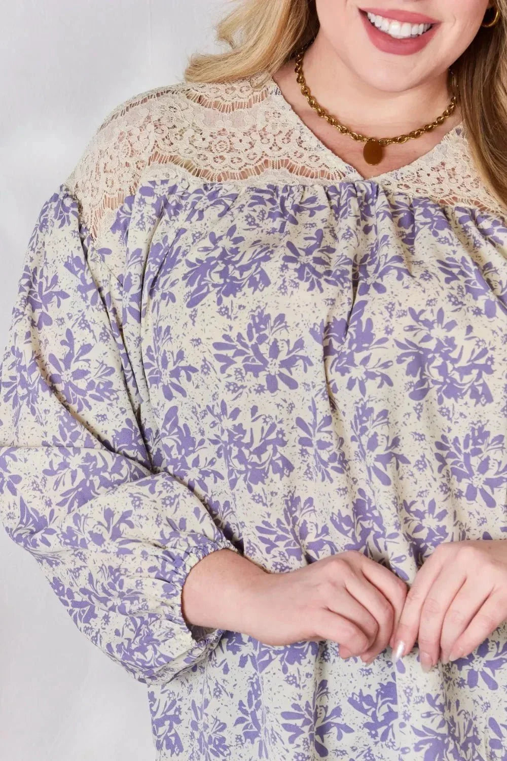 Hailey & Co Full Size Lace Detail Printed Blouse - VILLA FASHION
