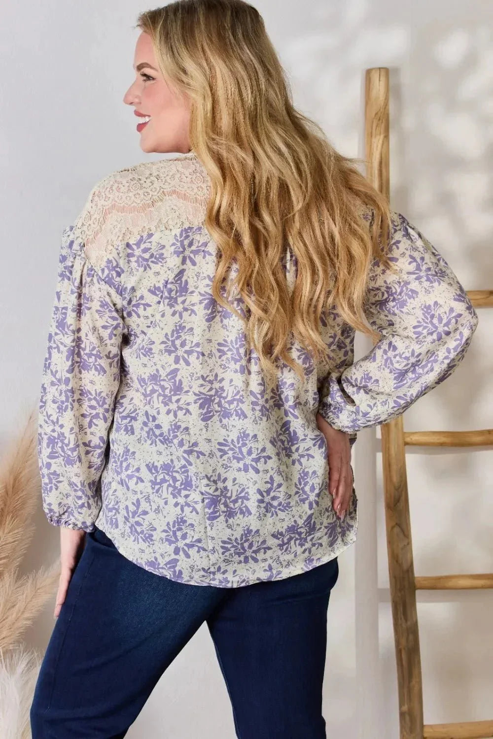 Hailey & Co Full Size Lace Detail Printed Blouse - VILLA FASHION