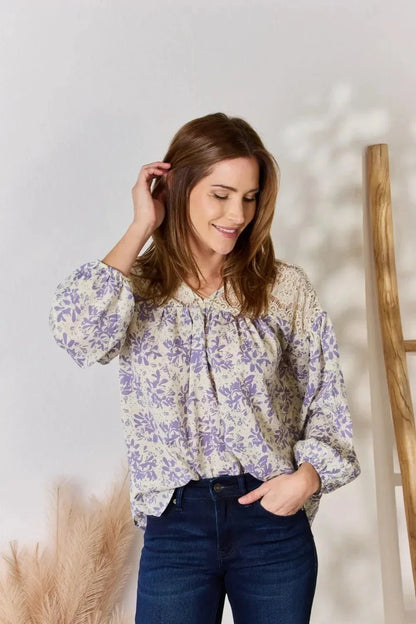 Hailey & Co Full Size Lace Detail Printed Blouse - VILLA FASHION