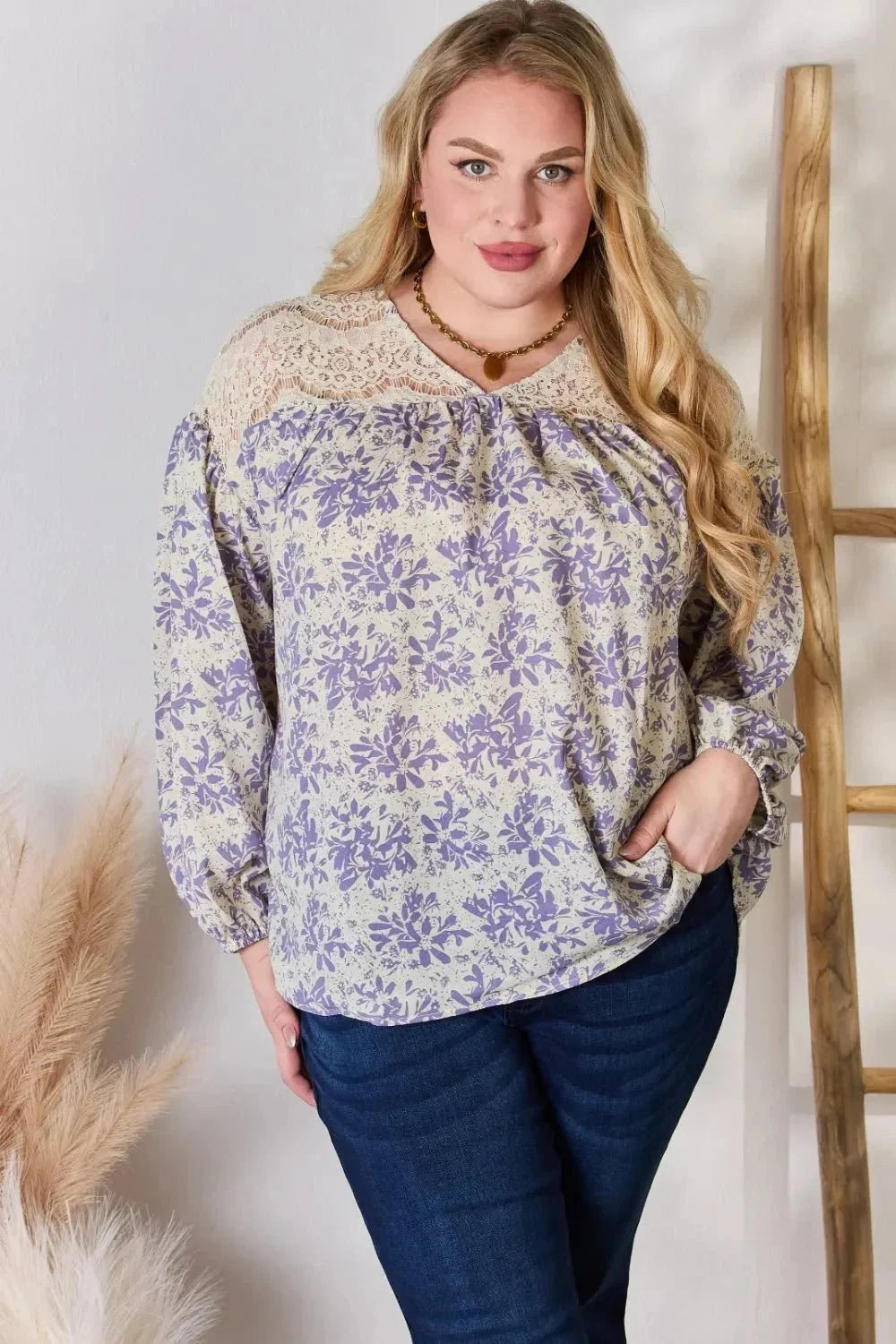 Hailey & Co Full Size Lace Detail Printed Blouse - VILLA FASHION