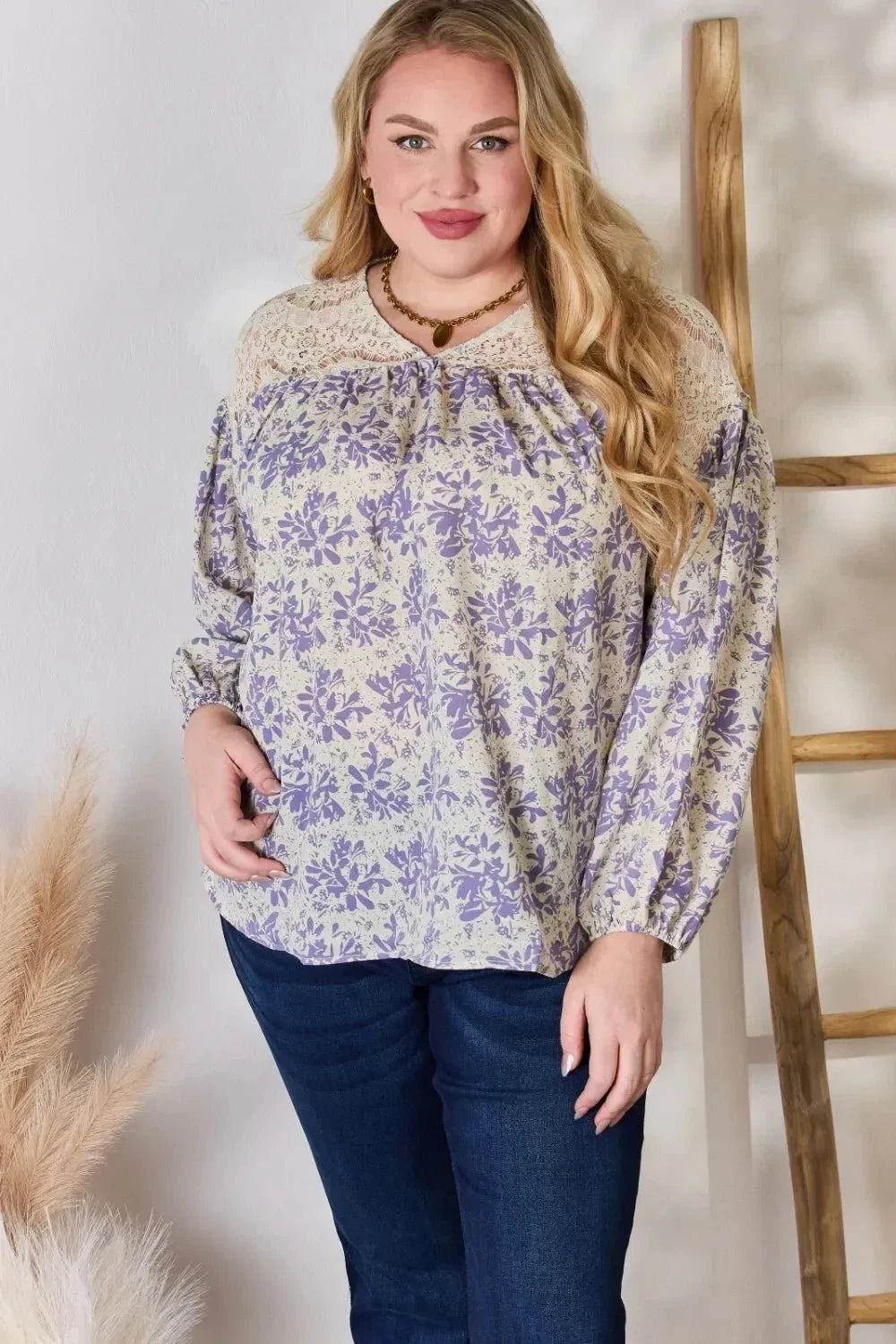 Hailey & Co Full Size Lace Detail Printed Blouse - VILLA FASHION