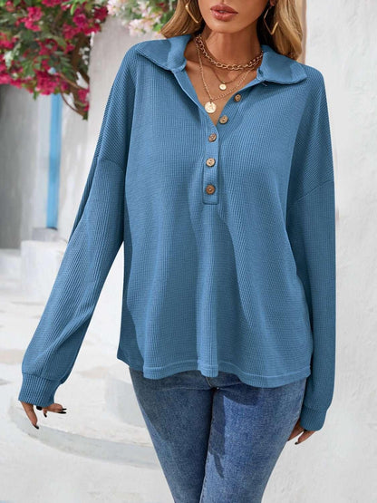 Half Button Collared Neck Long Sleeve Top - VILLA FASHION