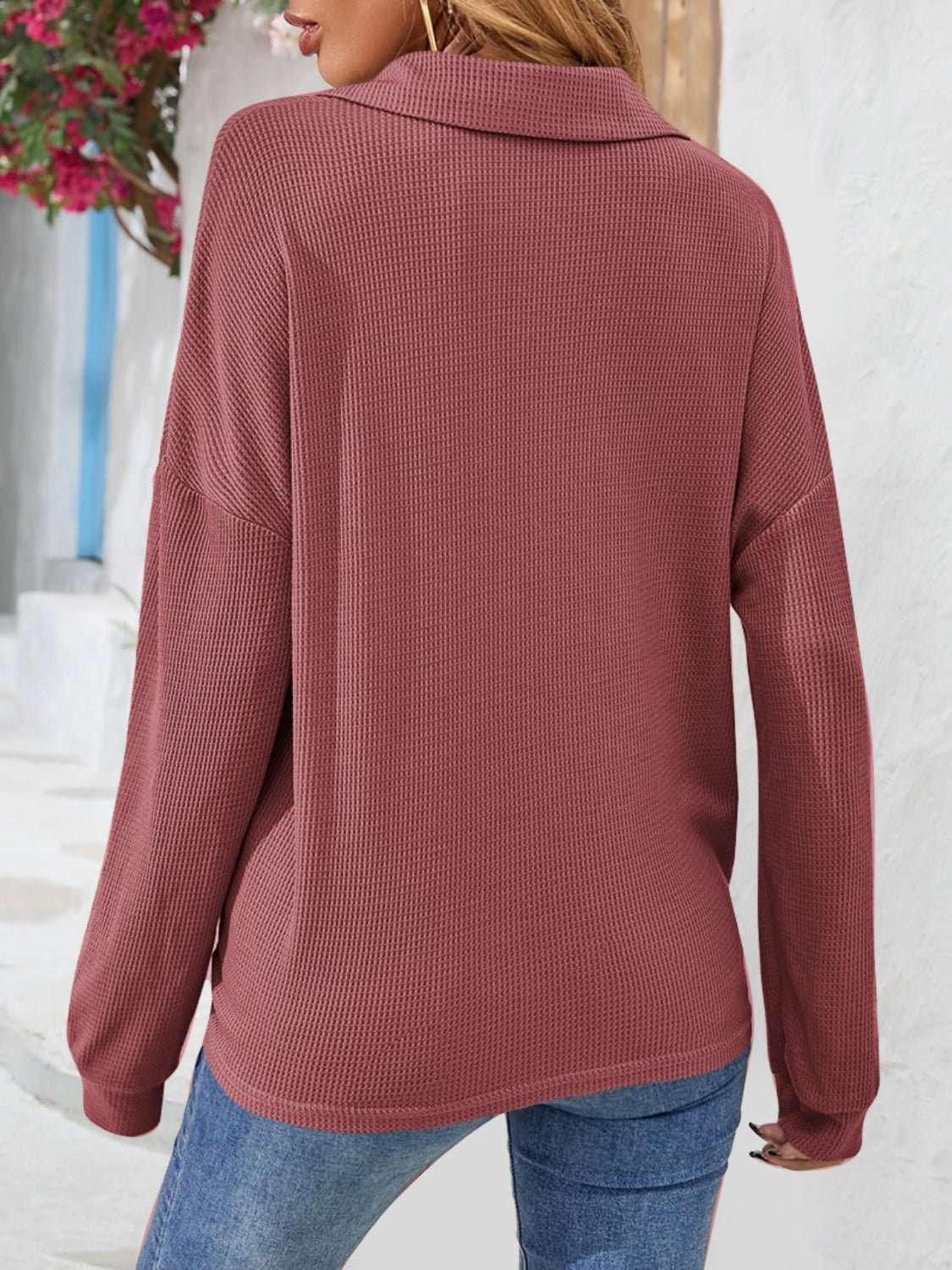 Half Button Collared Neck Long Sleeve Top - VILLA FASHION