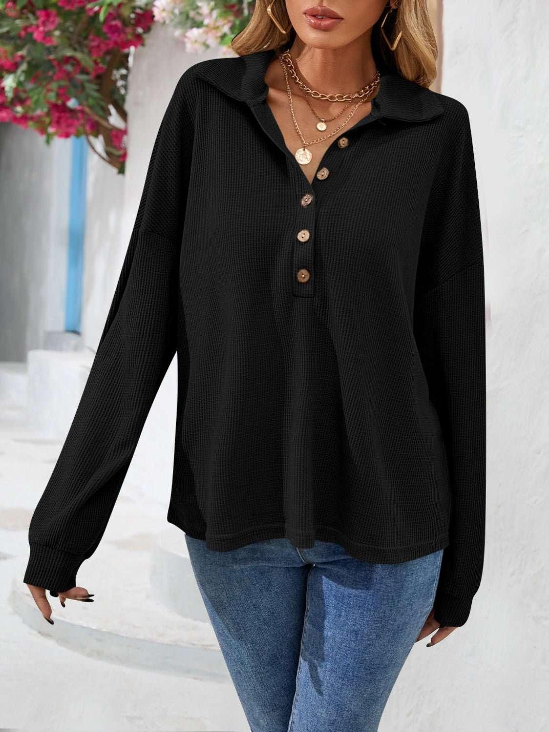 Half Button Collared Neck Long Sleeve Top - VILLA FASHION