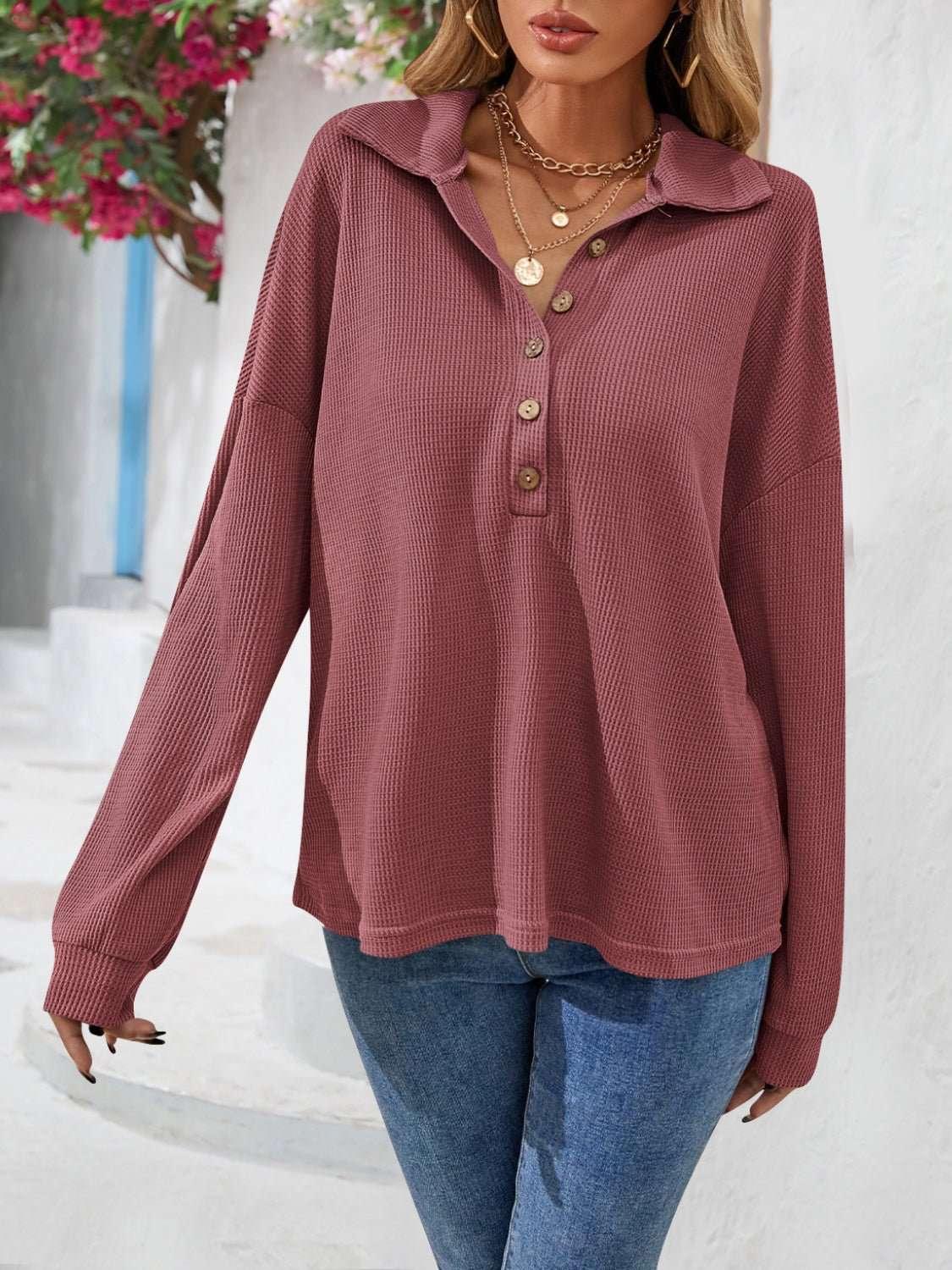 Half Button Collared Neck Long Sleeve Top - VILLA FASHION