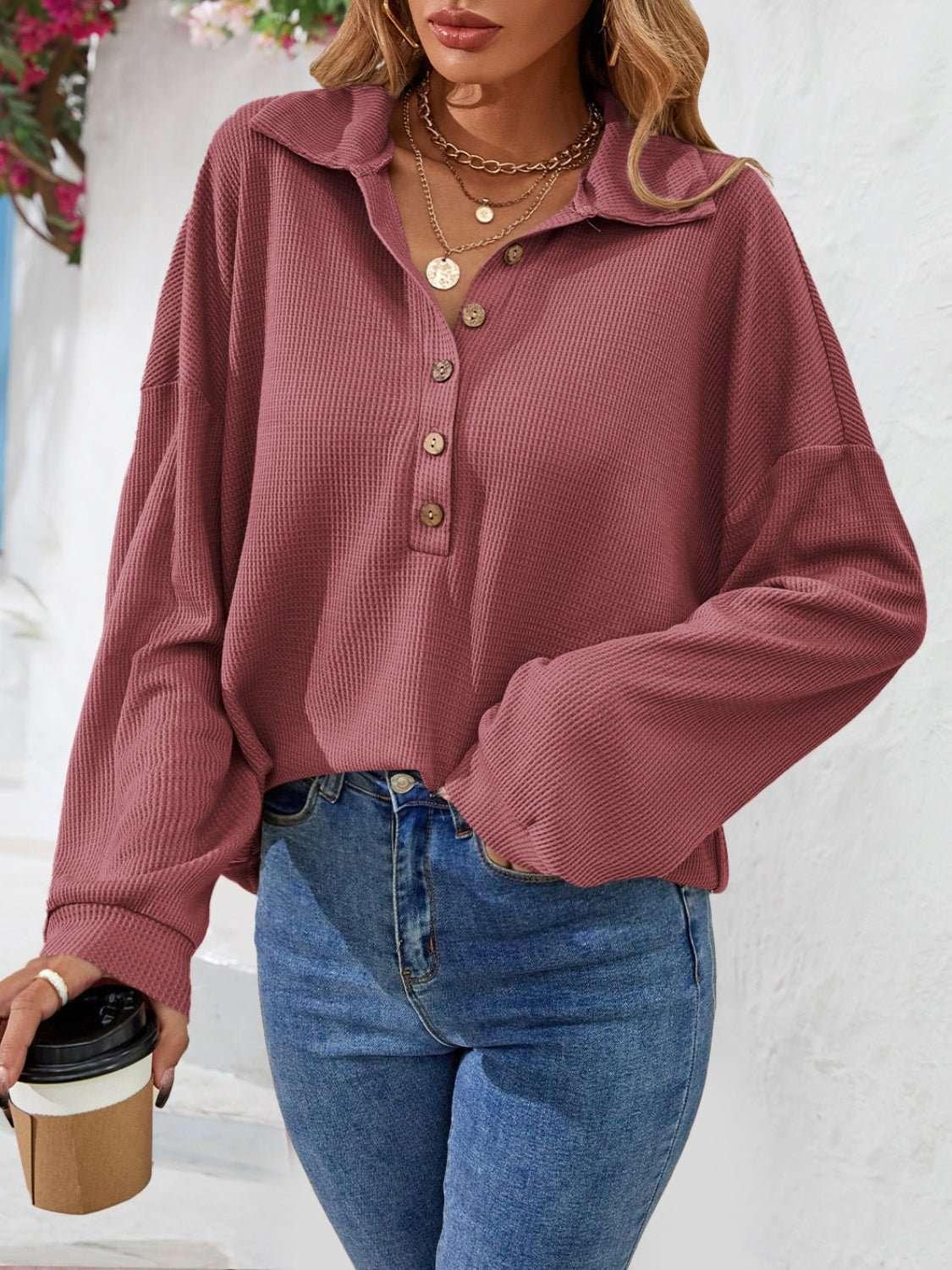 Half Button Collared Neck Long Sleeve Top - VILLA FASHION