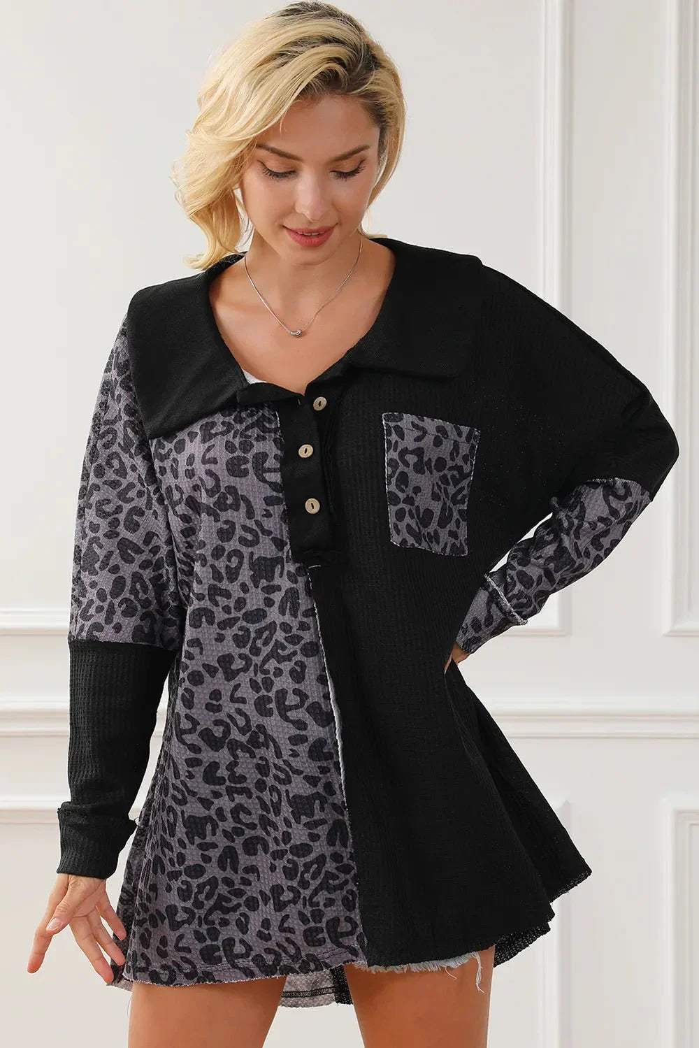 Half Button Leopard Collared Neck Blouse - VILLA FASHION