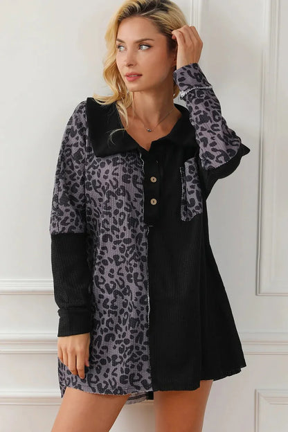 Half Button Leopard Collared Neck Blouse - VILLA FASHION