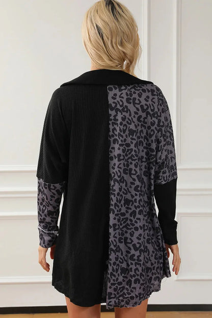 Half Button Leopard Collared Neck Blouse - VILLA FASHION