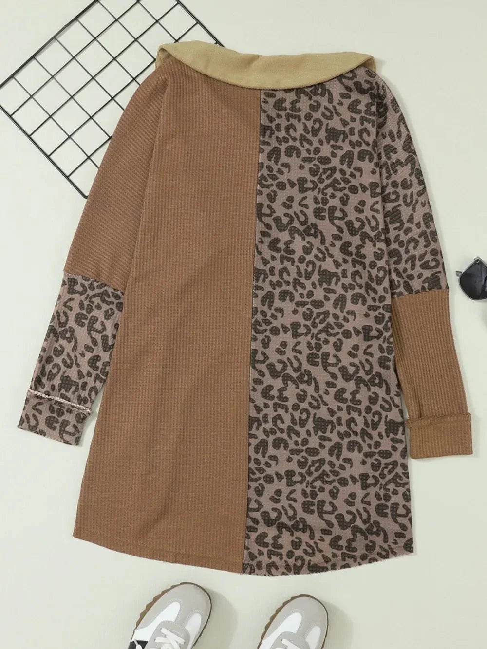 Half Button Leopard Collared Neck Blouse - VILLA FASHION