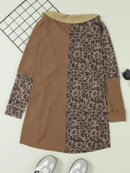Half Button Leopard Collared Neck Blouse - VILLA FASHION
