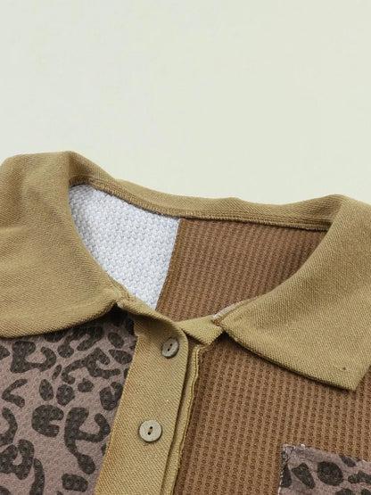 Half Button Leopard Collared Neck Blouse - VILLA FASHION
