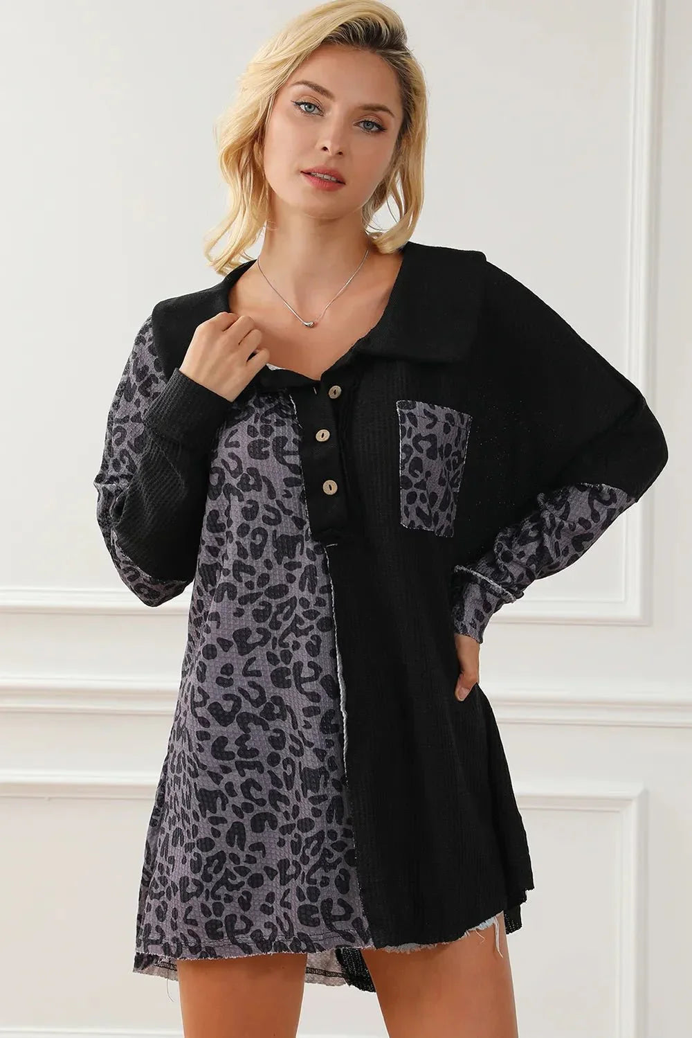 Half Button Leopard Collared Neck Blouse - VILLA FASHION