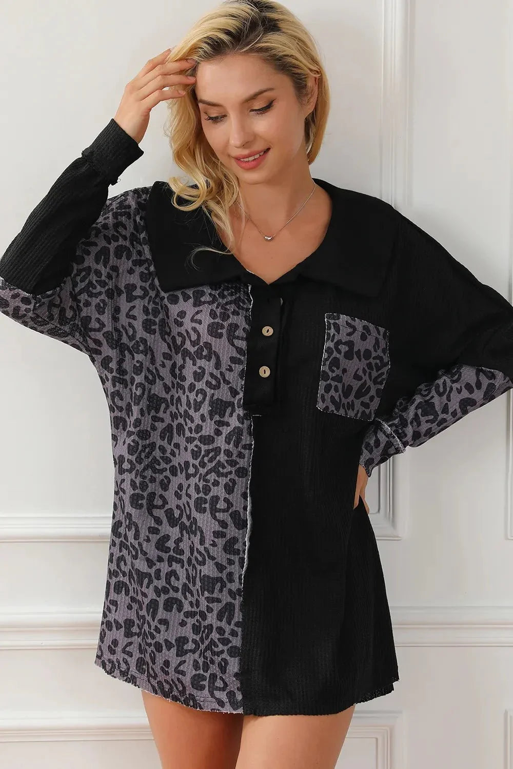Half Button Leopard Collared Neck Blouse - VILLA FASHION