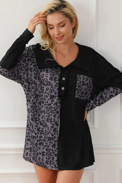 Half Button Leopard Collared Neck Blouse - VILLA FASHION