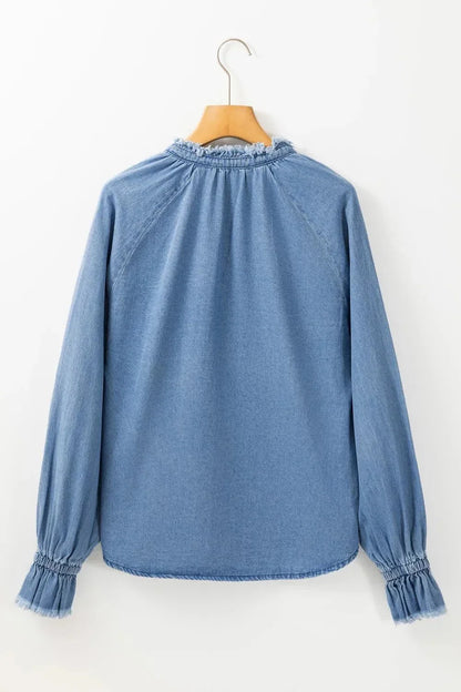 Half Button Long Sleeve Denim Top - VILLA FASHION