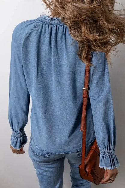 Half Button Long Sleeve Denim Top - VILLA FASHION