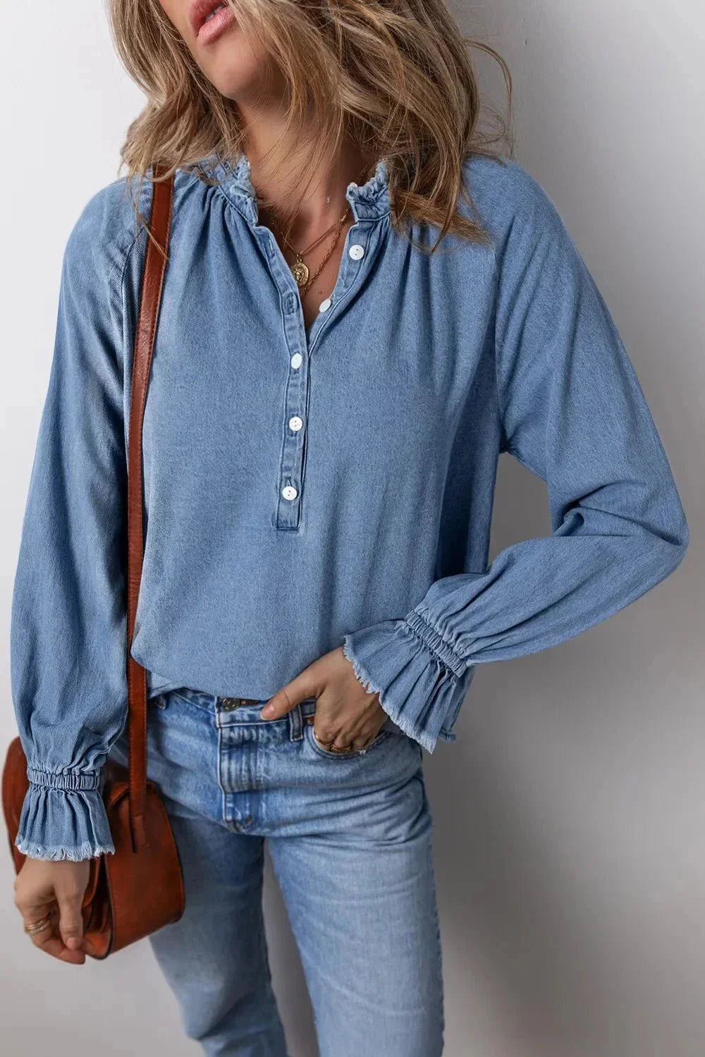 Half Button Long Sleeve Denim Top - VILLA FASHION