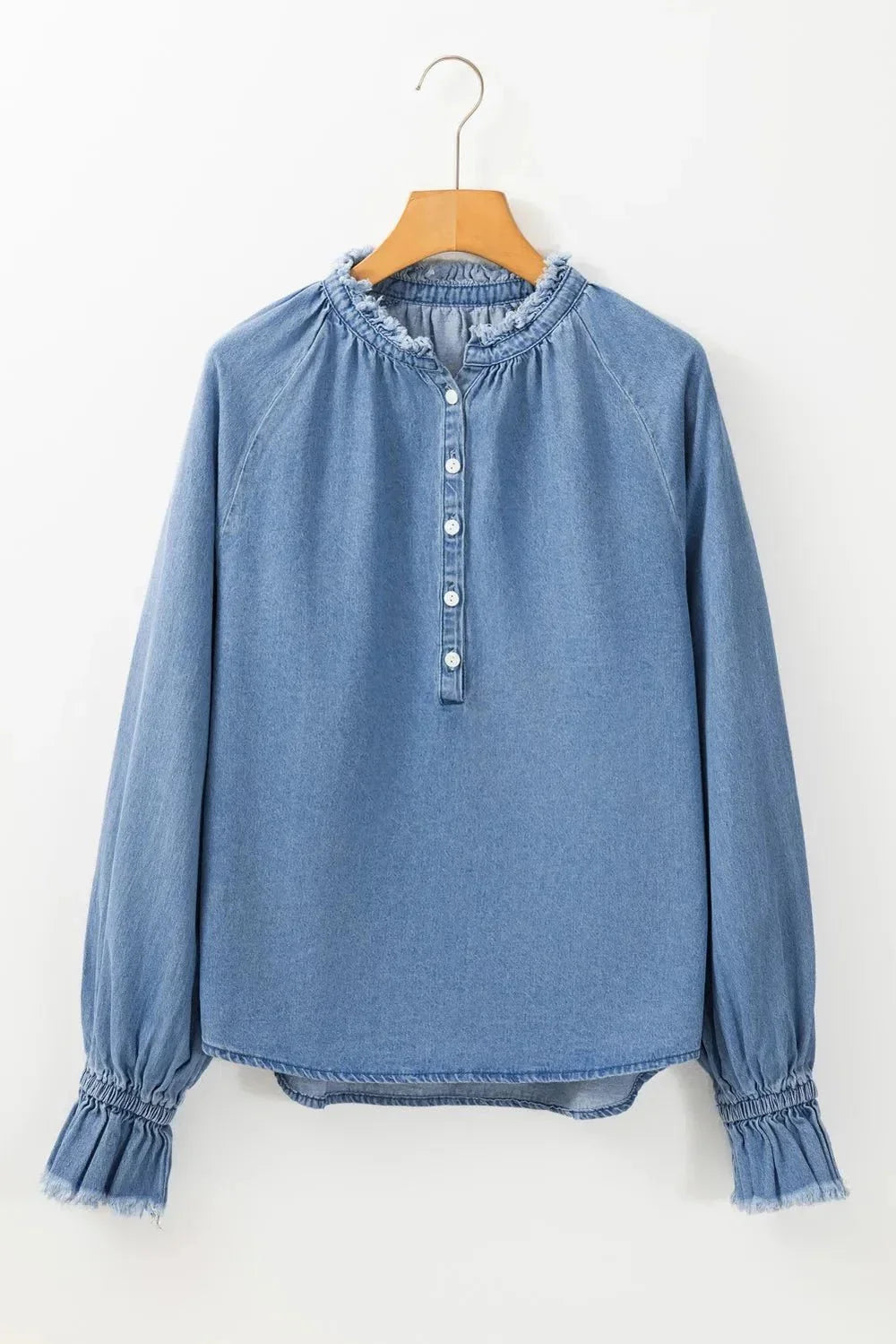 Half Button Long Sleeve Denim Top - VILLA FASHION
