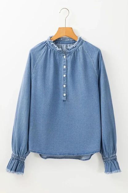 Half Button Long Sleeve Denim Top - VILLA FASHION