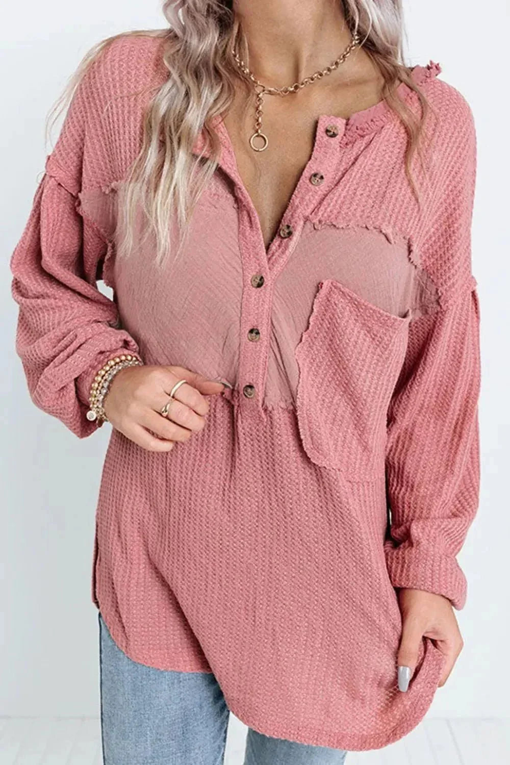 Half Button Raw Hem Long Sleeve Blouse - VILLA FASHION